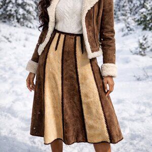 70s 100% Suede Leather Crochet Panel Skirt